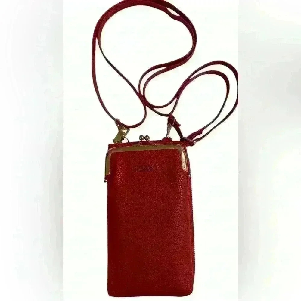 A Forever Young red woman’s,Crossbody bag / wallet with attached iPhone carrier.